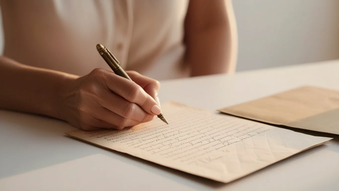 A close-up of a person writing a handwritten letter on cream paper at a desk, with a tan envelope beside it